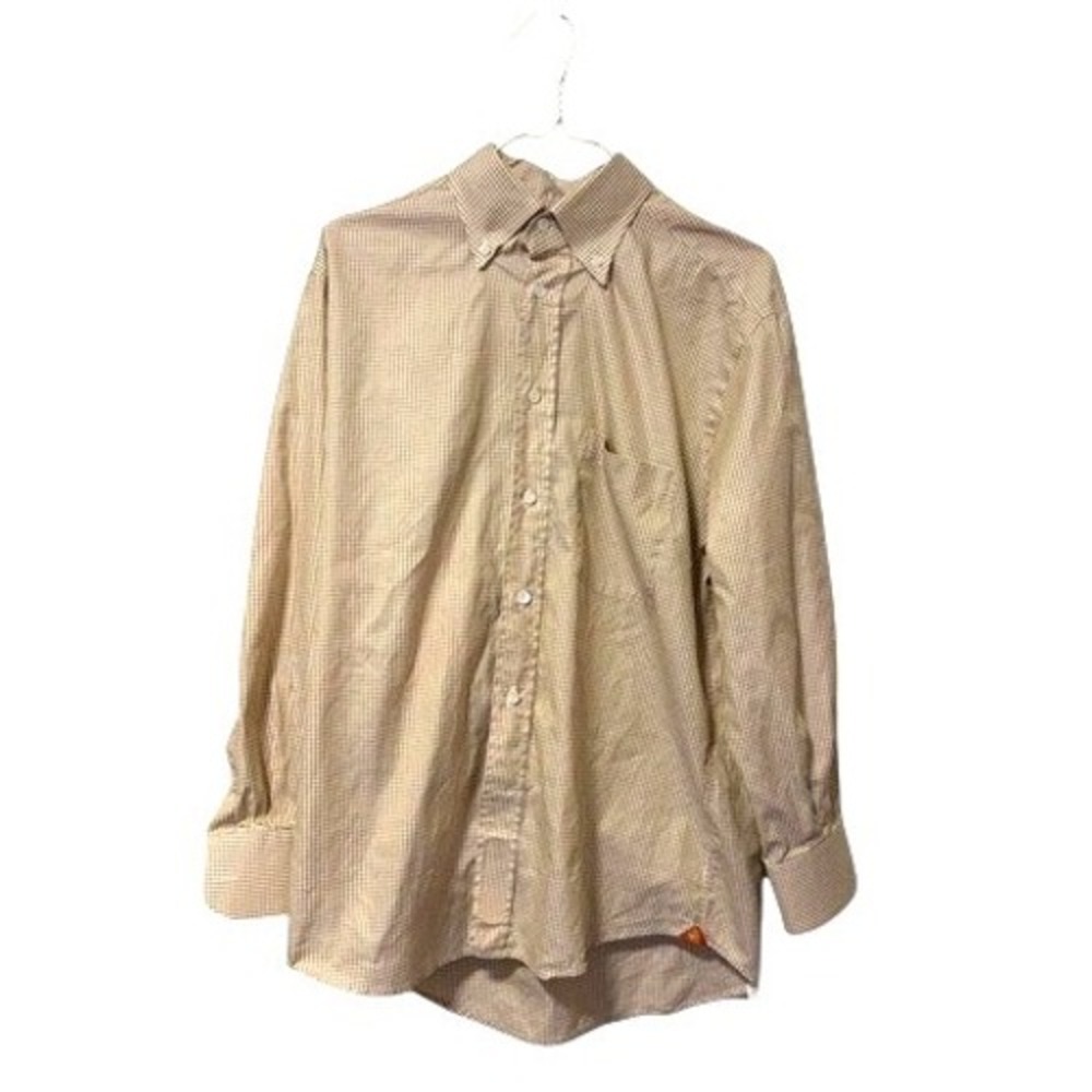 Bruli Swiss Made Mens Gingham Button Down Shirt Tan White Check Size 40 15.75